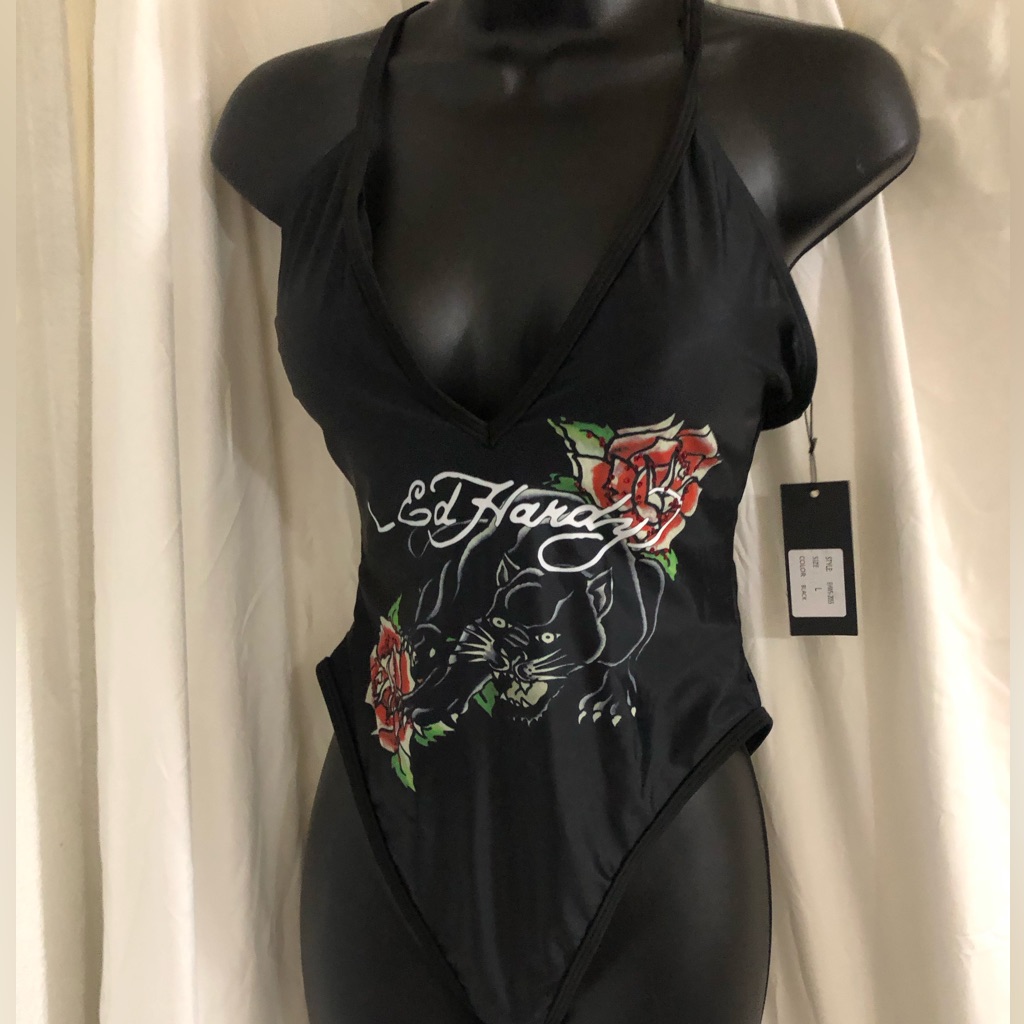 Ed Hardy Rhinestone Studded Monogrammed Black Swimsuit Size Large Brand New